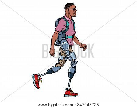 Exoskeleton For The Disabled. African Man Legless Veteran Walks. Rehabilitation Treatment Recovery. 