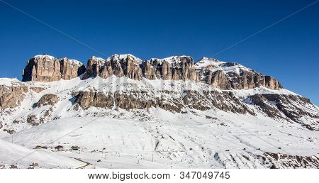 Sella Stock Italy Dolomites Sunset Panoramic View Blue Sky Winter Mountains Landscape Wolkenstein
