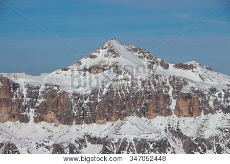 Sella Stock Piz Boe Italy Dolomites Sunset Panoramic View Blue Sky Winter Mountains Landscape Wolken