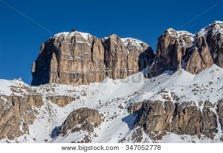 Sella Stock Italy Dolomites Passo Pordoi Sunset Panoramic View Blue Sky Winter Mountains Landscape W