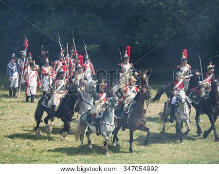 Waterloo, Belgium - June 18 2017: A Cavalry Charge During The Re-enactment Of The Battle At Waterloo