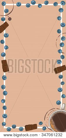 Rectangle Menu Template With Coffee, Drink Trace, Chocolate And Blueberry On Beige Background With B