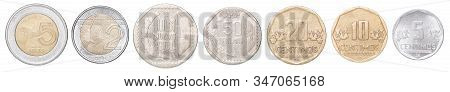 Full Set Of Peruvian Coins In A Row Isolated On White Background.