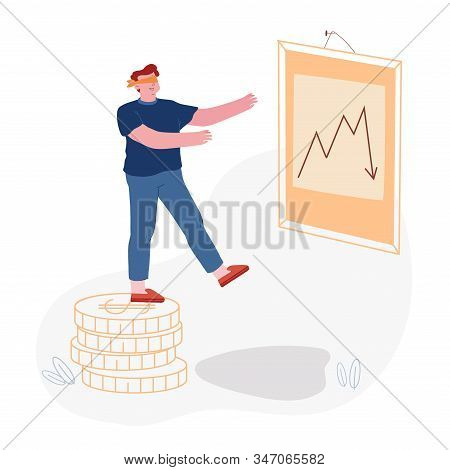 Trading Risks And Economy Crisis. Blindfold Businessman Or Stock Market Trader Stand On Edge Of Pile