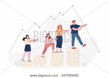 Finance Crisis Concept. Blindfold Business People Following Decline Arrow Chart Step By Coins Ladder