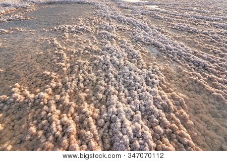 Crystalline Salt Beach Lit By Morning Sun, Small Puddles With Seawater At Dead Sea - World Most Hype