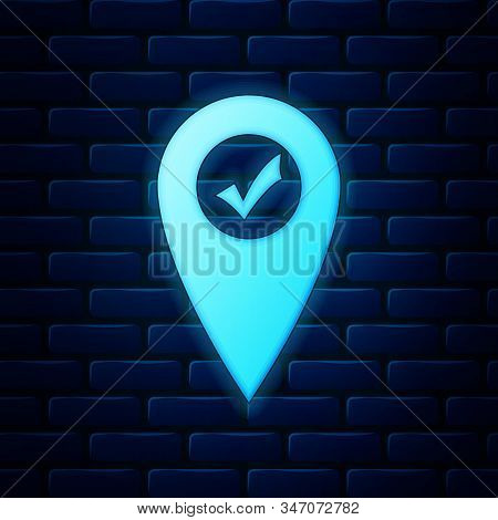 Glowing Neon Map Pointer With Check Mark Icon Isolated On Brick Wall Background. Marker Location Sig