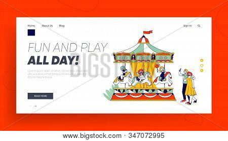 Amusement Kids Zone Website Landing Page. Happy Children Riding Merry-go-round Entertainment Carouse