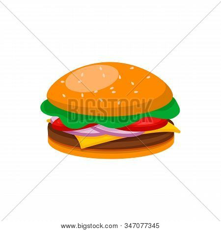 Burger With Beef, Cheese, Lettuce, Tomato, Cucumber And Onion In Flat Style.