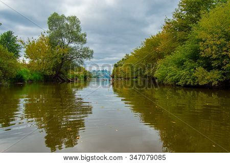 Landscape Of Teteriv River, Which Flows Through Ukraine In Europe - Photo From Boat In  Middle Of Ri