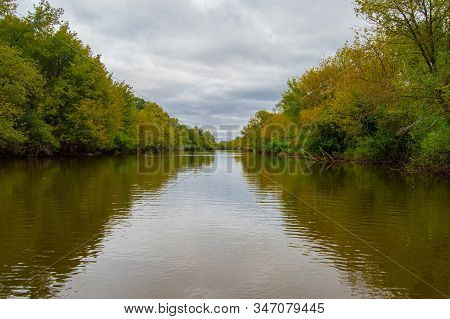 Landscape Of Teteriv River, Which Flows Through Ukraine In Europe - Photo From Boat In  Middle Of Ri