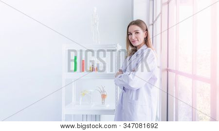 Pretty Scientist Work Reserching In Chemical Laboratory, Science And Healthy Or Medical Concept