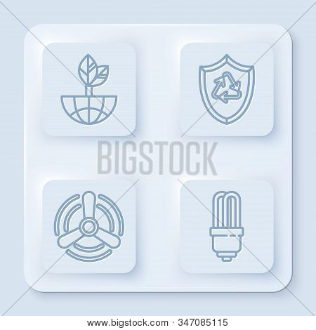Set Line Earth Globe And Leaf, Recycle Symbol Inside Shield, Wind Turbine And Led Light Bulb. White 
