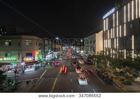 Singapore.  January 2020.  Traffic On A Street In The Kallang District At Night