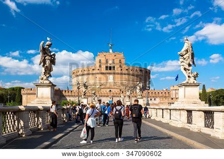 Rome, Italy - October, 2019: Castel Santangelo And The Santangelo Bridge During Sunny Day In Rome, I
