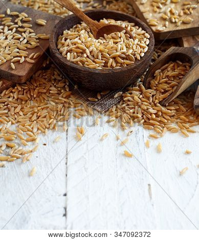 Raw Kamut Grain In A Wooden Bowl With A Spoon