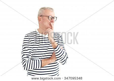Thinking Elderly Man Studio Portrait With Copy Space