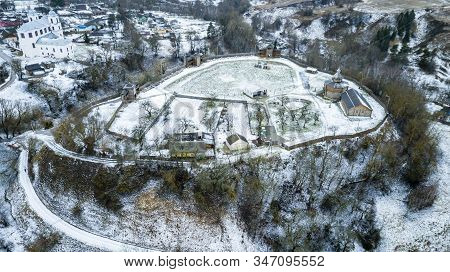 Aerial View Of Medieval Castle Mound In Belarusian City Of Mstislavl. Travel Concept.