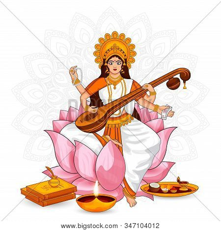 Beautiful Goddess Of Wisdom, Music, And Knowledge Maa Saraswati Vector Illustration On The Indian Fe