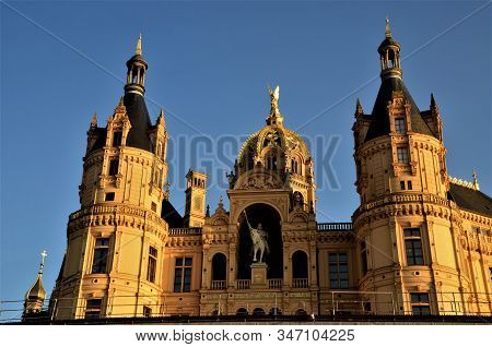 An External View Of The Intricate Palace Building In The Town Of Schwerin In Northern Germany.