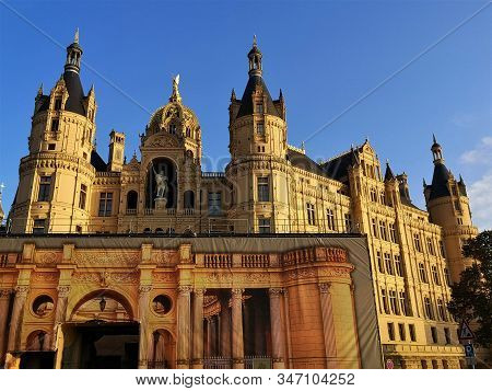 An External View Of The Intricate Palace Building In The Town Of Schwerin In Northern Germany.