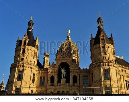 An External View Of The Intricate Palace Building In The Town Of Schwerin In Northern Germany.