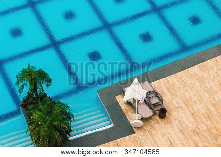 Deserted Hotel Pool In The Rain On A Summer Day, Top View, Background