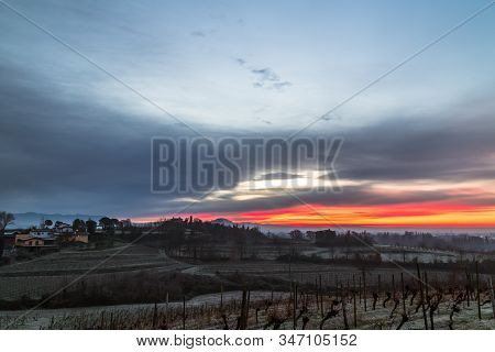 Foggy Winter Sunrise In The Collio Friulano, Italy