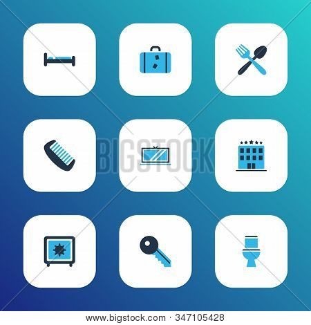 Hotel Icons Colored Set With Bed, Toilet, Food And Other Suitcase Elements. Isolated Vector Illustra