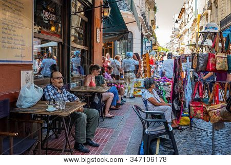 Buenos Aires, Argentina - January 21, 2018: Local People And Visitors Sitting In A Bar Of The San Te
