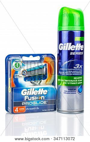 Moscow, Russia - January 23, 2020: Gillette Sensitive Shave Gel With Aloe In Retail Metal Aerosol Pa