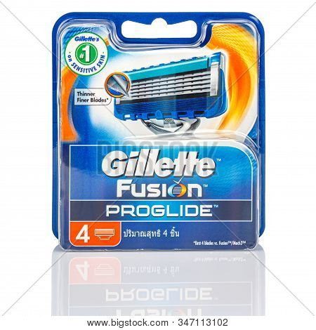 Moscow, Russia - January 23, 2020: Four Pieces Of Gillette Fusion Proglide Razor Blades In Blue Blis
