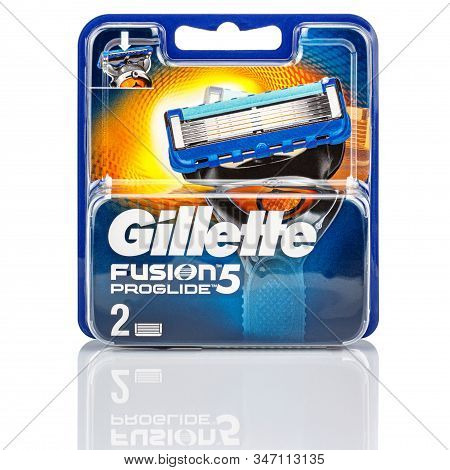 Moscow, Russia - January 23, 2020: Two Pieces Of Gillette Fusion Proglide Razor Blades In Blue Blist