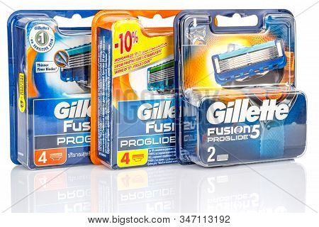 Moscow, Russia - January 23, 2020: Three Blue And Orange Blister Packs Of Gillette Fusion Proglide R