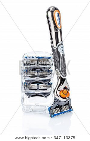 Moscow, Russia - January 23, 2020: Gillette Fusion Proglide Power Battery Razor Handle With Attached