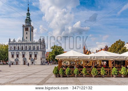 Chelmno, Poland - August 17, 2019: Summer Restaurant On The Main Square Next To The Town Hall In The