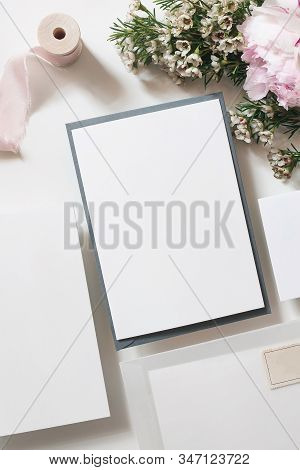 Wedding, Birthday Stationery Mock-up Scene. Blank Greeting Cards, Vellum Envelope And Postage Stamp.