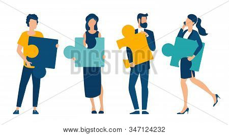 Flat Design Business Neamwork Concept. Team Solution Metaphor. Young Buciness People Solving Puzzle,