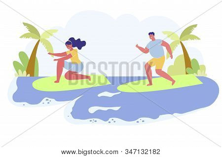 Water Fun Recreation. Man And Woman Riding Surf Boards By Ocean Waves. Surfing Sparetime, Summer Tim
