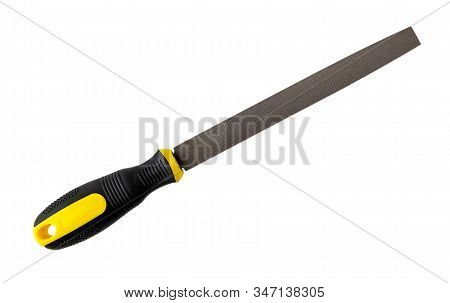 Flat Steel File With Yellow Black Rubber Handle Isolated On White Background. Rasp Tool For Processi
