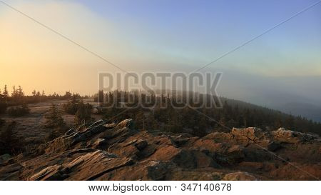Mountain Meadow In Morning Fog Just After Sunrise, Pecny (1330 M), Jeseniky, Czech Republic