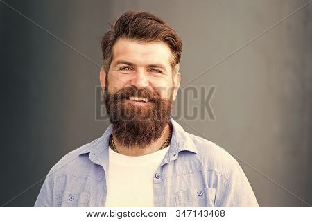 Barbering At Its Best. Male Barber Care. Brutal Caucasian Hipster With Moustache. Smiling Bearded Ma