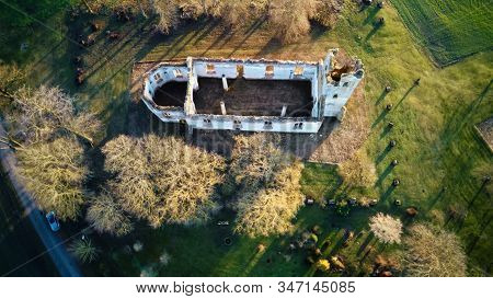 Ruins Of The Lutheran Church In Salgale Latvia Near Of The Bank Of The River Lielupe Aerial View