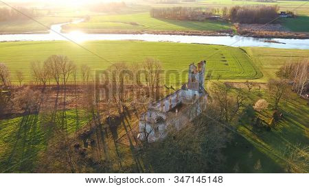 Ruins Of The Lutheran Church In Salgale Latvia Near Of The Bank Of The River Lielupe Aerial View