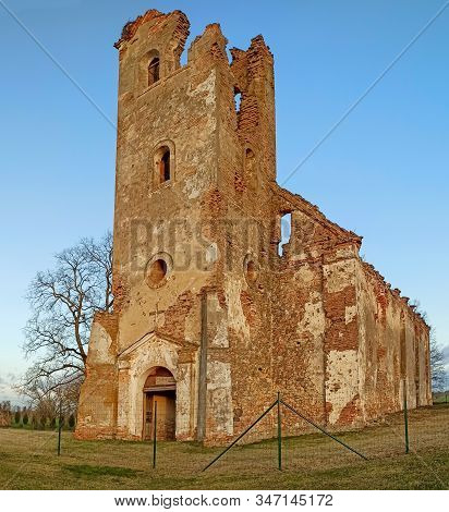 Ruins Of The Lutheran Church In Salgale Latvia Near Of The Bank Of The River Lielupe Aerial View