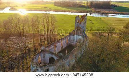 Ruins Of The Lutheran Church In Salgale Latvia Near Of The Bank Of The River Lielupe Aerial View
