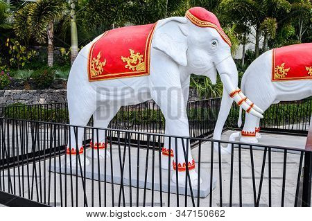 Elephant Statues At The Entrance To Siam Mall. 07.01.2020 Tenerife, Canary Islands.