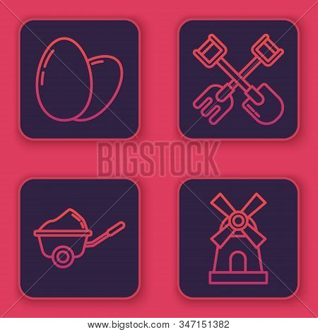 Set Line Chicken Egg, Wheelbarrow With Dirt, Shovel And Rake And Windmill. Blue Square Button. Vecto