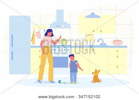 Son Is Guilty Before Mom Vector Illustration. Mom Scolds Her Son For Breaking Plate In Kitchen. Boy 