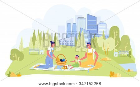 Bright Banner, Happy Family On Picnic Out City. Parents With Child Are Comfortably Placed On Plaid B